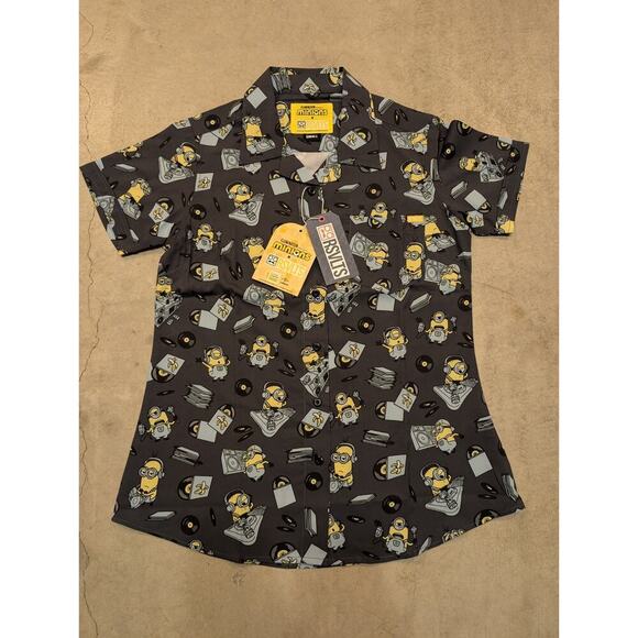 NWT RSVLTS Minions Women's S Button Up Shirt Gray AOP Illumination - Picture 1 of 7